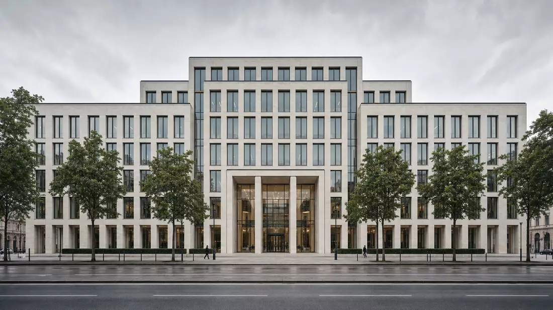 Professionelle Architekturaufnahme eines neoklassizistischen Bürogebäudes in München. Helle Kalksteinfassade mit symmetrischem Fensterraster, städtische Bäume, bewölkter Himmel. Munich Re, ISIN DE0008430026