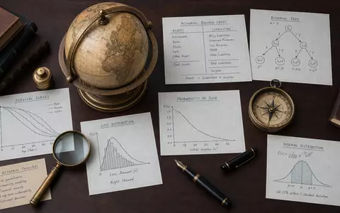 Flatlay mit Globus, Risikodiagrammen, Lupe, Füllfeder und Kompass auf Mahagoni. Munich Re, ISIN DE0008430026 - Foto: THN