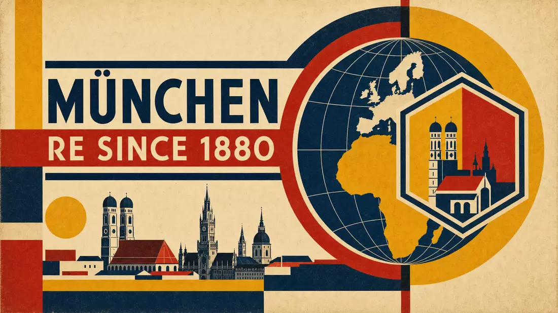 Authentisches Bauhaus-Plakat mit kühnem geometrischem Globus in Marinblau, Ocker und Rot. Hexagonale