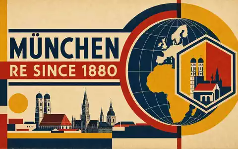Bauhaus-Poster mit geometrischem Globus, Schild und Schriftzug MÜNCHEN RE SINCE 1880. Munich Re, ISIN DE0008430026 - Foto: THN