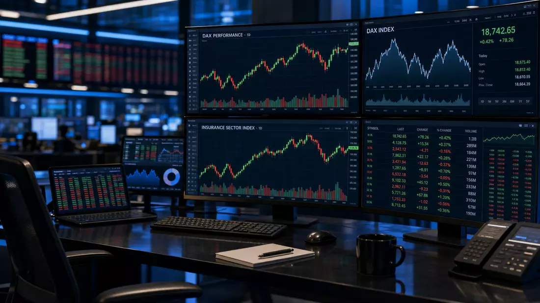 Professionelle Finanzredaktion: Mehrere Monitore zeigen DAX-Candlestick-Charts und Insurance-Sector-Index in kühlem Blaustich mit warmem Bildschirmglow. Dunkle Hochglanzoberfläche. Munich Re, ISIN DE0008430026
