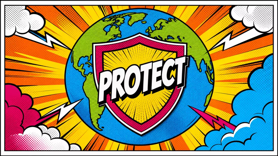 Kräftige Pop-Art-Comicillustration: Erde mit dicken Konturen, Halbton-Rasterung, heroischer Schild-Badge mit Text PROTECT, strahlende Farbexplosion in Gelb und Orange. Munich Re, ISIN DE0008430026