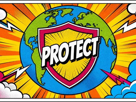 Pop-Art-Comic: Erdkugel mit heroischem Schutzschild und Schrift PROTECT in Primärfarben. Munich Re, ISIN DE0008430026 - Foto: THN