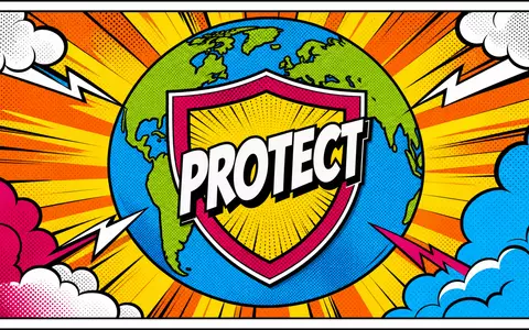 Pop-Art-Comic: Erdkugel mit heroischem Schutzschild und Schrift PROTECT in Primärfarben. Munich Re, ISIN DE0008430026 - Foto: THN