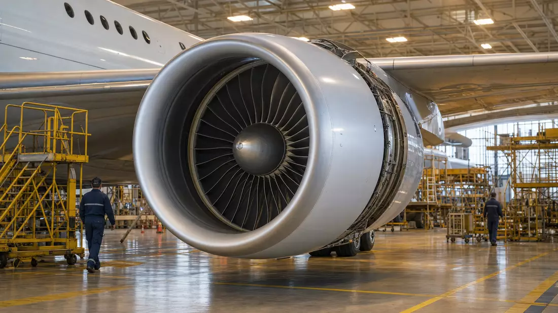 Fotorealistisches Turbofan-Triebwerk unter einem Flugzeugflügel in einer industriellen Wartungshalle; Techniker in blauer Arbeitskleidung laufen neben Gerüsten, warmes Deckenlicht spiegelt sich im polierten Triebwerksgehäuse