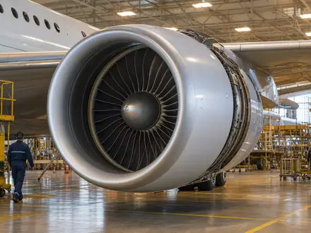 Fotorealistisches Turbofan-Triebwerk an Verkehrsmaschine in Wartungshalle. MTU Aero Engines AG, ISIN DE000A0D9PT0 - Foto: THN