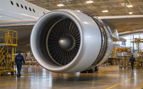 Fotorealistisches Turbofan-Triebwerk an Verkehrsmaschine in Wartungshalle. MTU Aero Engines AG, ISIN DE000A0D9PT0 - Foto: THN