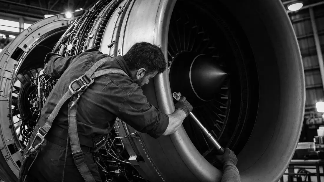 Schwarz-Weiß-Dokumentarfoto eines Luftfahrtmechanikers, der sich tief in das Einlasssystem eines Turbofan-Triebwerks lehnt und dabei einen großen Drehmomentschlüssel hält; körnige Filmoptik mit dramatischem Seitenlicht aus Werkstattlampen