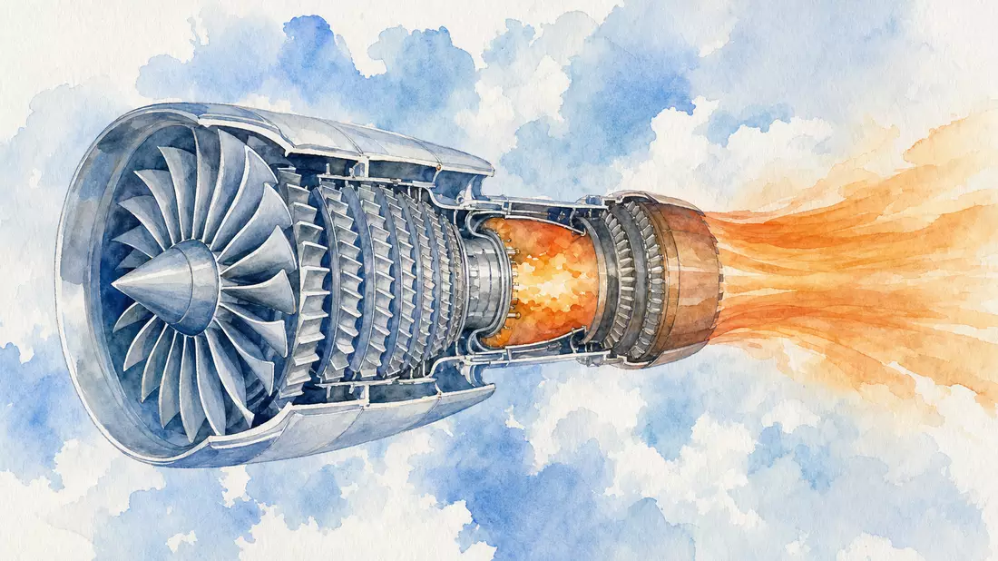 Pastell-Aquarell-Illustration eines stilisierten Turbofan-Triebwerks im Querschnitt mit sichtbaren V