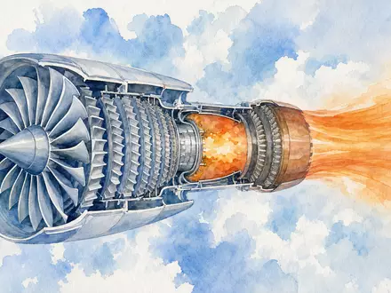 Aquarell-Illustration eines Düsentriebwerks mit Schubstrahl in Pastelltönen. MTU Aero Engines AG, ISIN DE000A0D9PT0 - Foto: THN