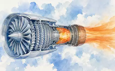 Aquarell-Illustration eines Düsentriebwerks mit Schubstrahl in Pastelltönen. MTU Aero Engines AG, ISIN DE000A0D9PT0 - Foto: THN