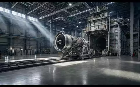 Moderne Triebwerksprüfhalle mit hohen Stahlträgern und zentralem Prüfstand. MTU Aero Engines AG, ISIN DE000A0D9PT0. - Foto: THN