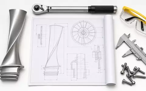 Flatlay mit Turbinenschaufel, Drehmomentschlüssel und Konstruktionszeichnung. MTU Aero Engines AG, ISIN DE000A0D9PT0 - Foto: THN