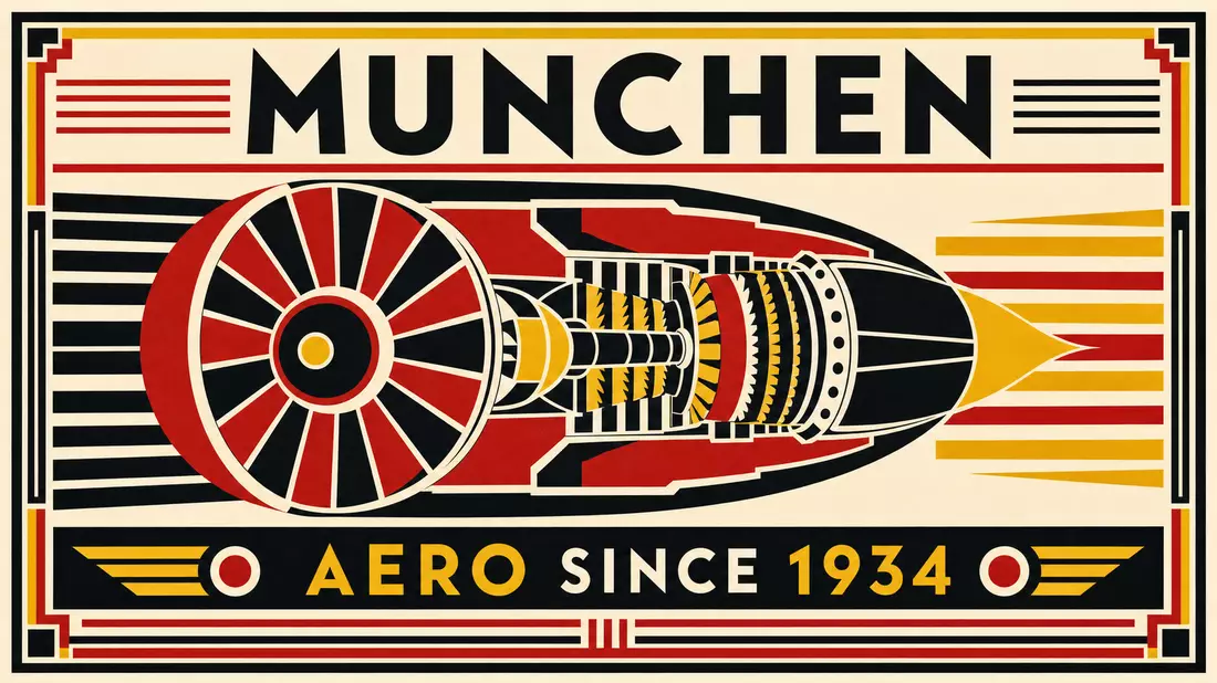 Vintage Bauhaus-Plakat im Stil der 1930er Jahre: geometrische Flachfarben-Illustration eines stilisierten Triebwerk-Querschnitts in Rot, Schwarz und Goldgelb; Schriftzug MUNCHEN oben, AERO SINCE 1934 unten in Blockschrift