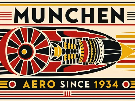 Bauhaus-Retro-Poster mit geometrischem Turbinenmotiv München Aero 1934. MTU Aero Engines AG, ISIN DE000A0D9PT0 - Foto: THN