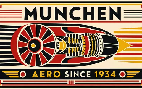 Bauhaus-Retro-Poster mit geometrischem Turbinenmotiv München Aero 1934. MTU Aero Engines AG, ISIN DE000A0D9PT0 - Foto: THN