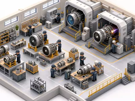 Isometrischer Miniatur-3D-Render einer Triebwerksmontagehalle mit Prüfständen. MTU Aero Engines AG, ISIN DE000A0D9PT0 - Foto: THN