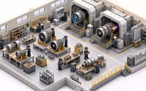 Isometrischer Miniatur-3D-Render einer Triebwerksmontagehalle mit Prüfständen. MTU Aero Engines AG, ISIN DE000A0D9PT0 - Foto: THN