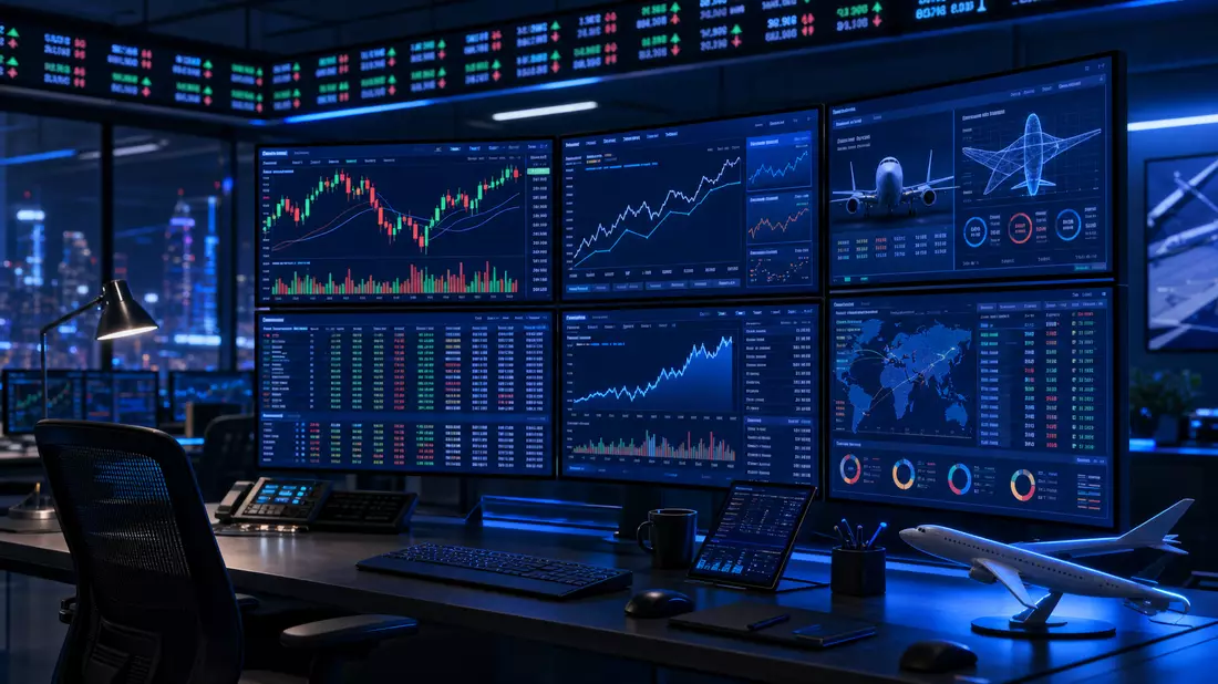 Finanz-Editorial-Foto: mehrere Handelsmonitore zeigen Candlestick-Charts, aufsteigende Liniengraphen und Aktien-Ticker; Luft- und Raumfahrt-Symbole auf Bildschirmen, blaues Umgebungslicht im dunklen Analysten-Büro, Flugzeugmodell auf dem Schreibtisch
