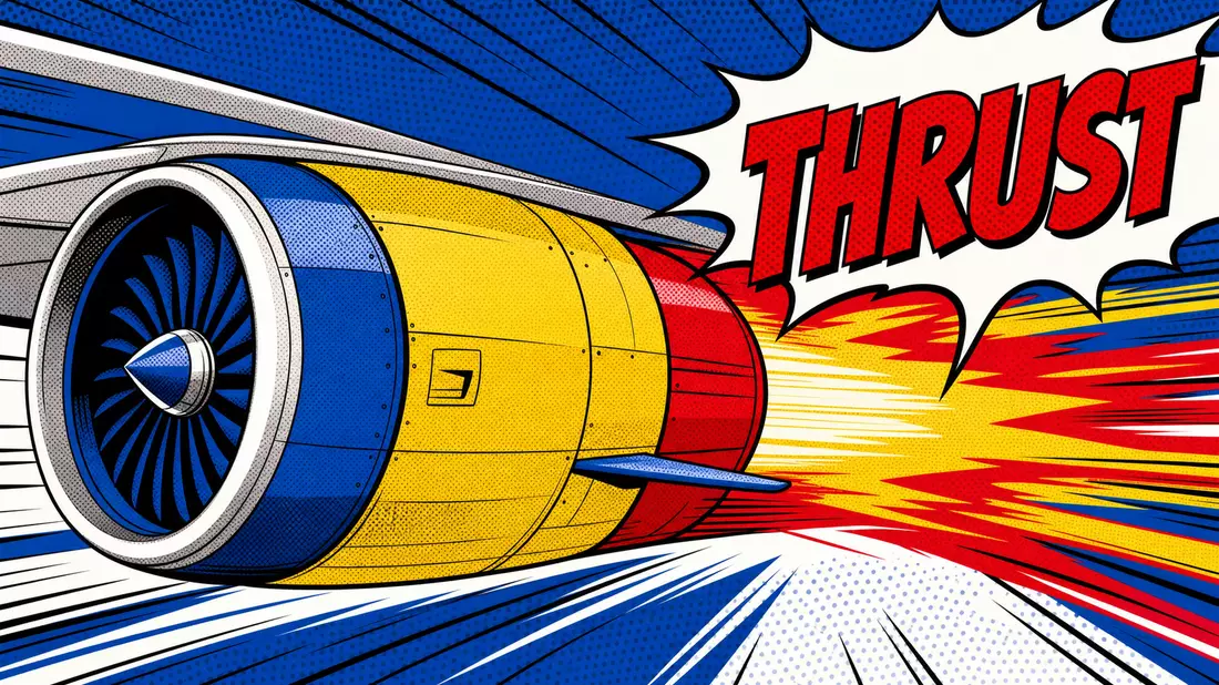 Fettgedruckte Pop-Art-Comic-Illustration eines stilisierten Turbofan-Triebwerks im Lichtenstein-Stil: Flachfarben in Primärfarben mit Rasterpunkt-Halbtontextur, dicke schwarze Konturen, dramatische Geschwindigkeitslinien vom Schubstrahl, Sprechblase mit d