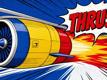 Pop-Art-Comic eines Turbinentriebwerks mit Schriftzug THRUST. MTU Aero Engines AG, ISIN DE000A0D9PT0 - Foto: THN