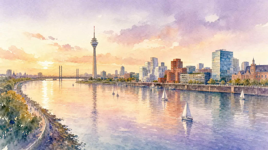 Düsseldorfer Skyline mit Rheinbogen, weiches Aquarell in Pastelltönen, Stadtimpression