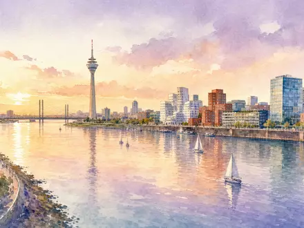 Rheinmetall AG (DE0007030009) Düsseldorfer Skyline mit Rheinbogen als weiches Aquarell in Pastelltönen - Foto: THN