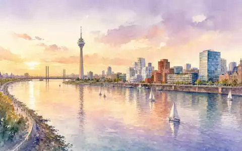 Rheinmetall AG (DE0007030009) Düsseldorfer Skyline mit Rheinbogen als weiches Aquarell in Pastelltönen - Foto: THN