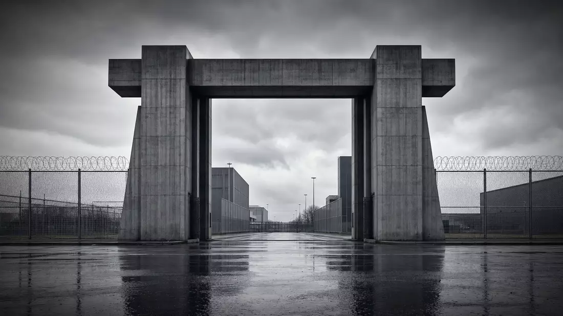Brutalistisches Werkstor mit Sicherheitszaun, klare Linien, monochrome Architekturansicht.