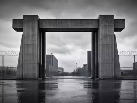 Rheinmetall AG (DE0007030009) zeigt ein brutalistisches Werkstor mit Sicherheitszaun, klaren Linien und monochromer Architektur - Foto: THN