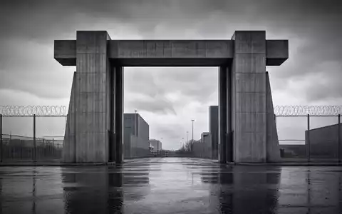 Rheinmetall AG (DE0007030009) zeigt ein brutalistisches Werkstor mit Sicherheitszaun, klaren Linien und monochromer Architektur - Foto: THN