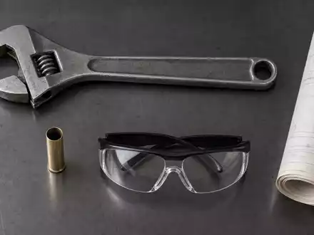 Rheinmetall AG (DE0007030009) Flatlay aus Schraubenschlüssel, leerer Hülse, Schutzbrille und Bauplan auf Holz - Foto: THN