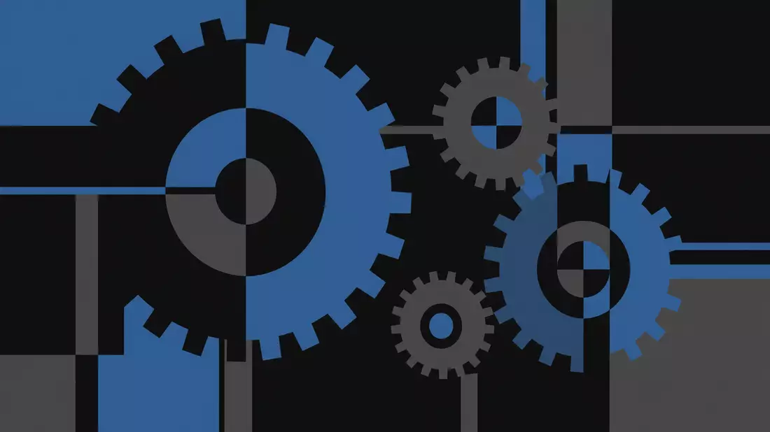 Bauhaus-Poster mit stilisierten Zahnrädern in Schwarz, Grau und Stahlblau, geometrisch