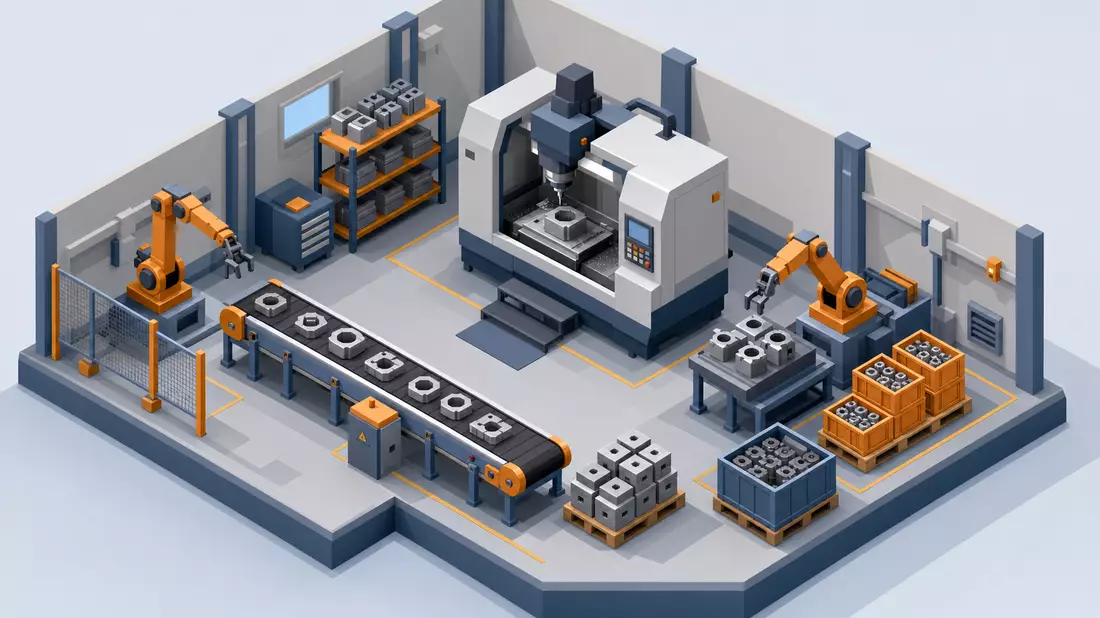 Isometrisches 3D-Werks-Diorama mit Fließband und CNC-Maschine im Low-Poly-Stil