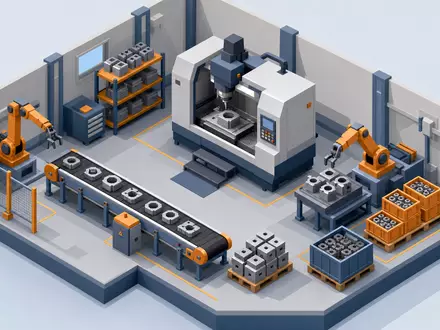 Rheinmetall AG (DE0007030009) isometrisches 3D-Werks-Diorama mit Fließband, CNC-Maschine und Hallenkran im modernen Low-Poly-Stil - Foto: THN