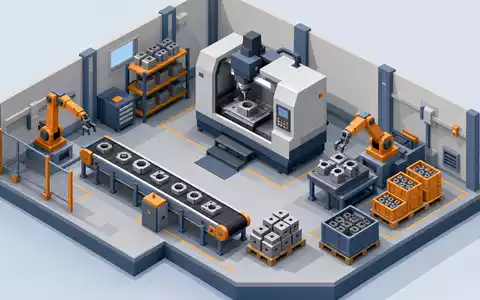Rheinmetall AG (DE0007030009) isometrisches 3D-Werks-Diorama mit Fließband, CNC-Maschine und Hallenkran im modernen Low-Poly-Stil - Foto: THN