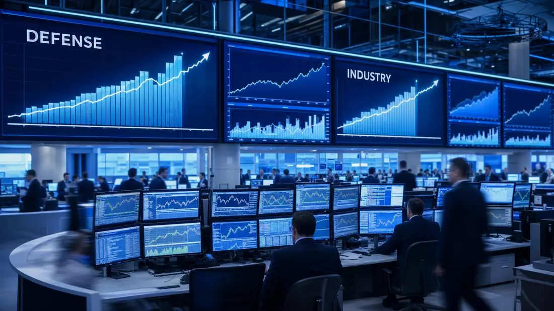 Trading-Floor mit DAX-Tafel und Verteidigungs-Charts, Börsen-Editorial-Atmosphäre