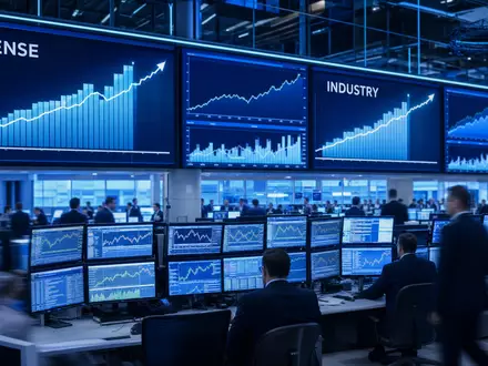 Rheinmetall AG (DE0007030009) Börsen-Editorial mit DAX-Tafel, Verteidigungs-Charts und Trader-Silhouetten in dichter Trading-Floor-Atmosphäre - Foto: THN