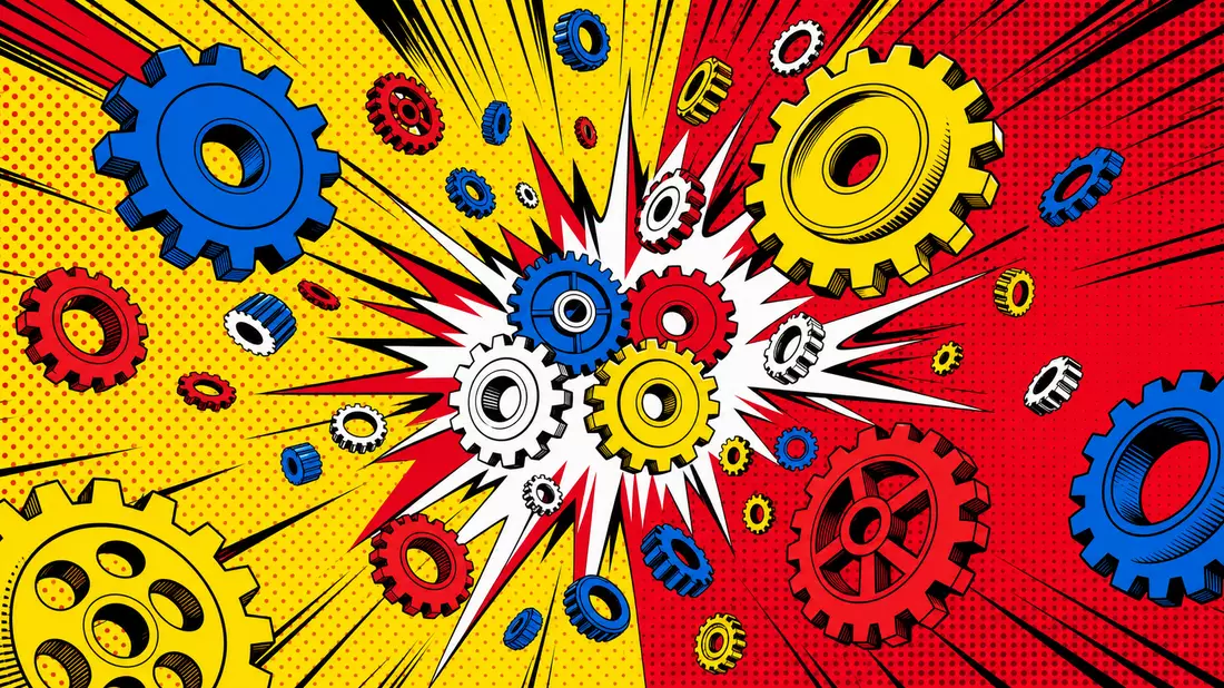 Pop-Art-Comic mit explodierendem Zahnrad im Halftone-Raster, leuchtende Knall-Farben