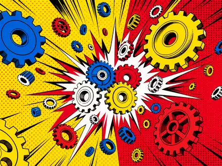 Rheinmetall AG (DE0007030009) Pop-Art-Comic mit explodierendem Zahnrad im Halftone-Raster und leuchtenden, knalligen Pop-Farben - Foto: THN