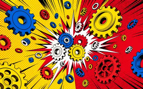Rheinmetall AG (DE0007030009) Pop-Art-Comic mit explodierendem Zahnrad im Halftone-Raster und leuchtenden, knalligen Pop-Farben - Foto: THN