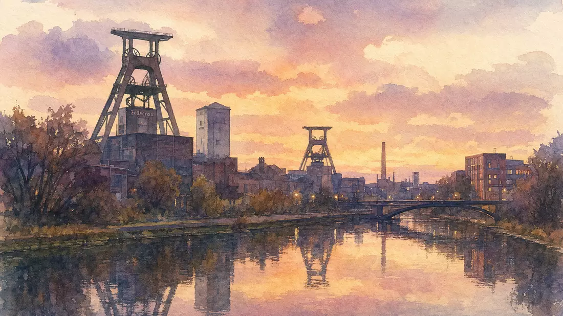 Essener Industriekulisse mit Förderturmsilhouette, weiches Aquarell in Pastelltönen