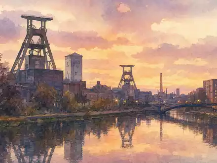 RWE AG (DE0007037129) Essener Industriekulisse mit Förderturmsilhouette als weiches Aquarell in Pastelltönen - Foto: THN