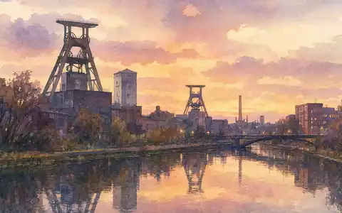 RWE AG (DE0007037129) Essener Industriekulisse mit Förderturmsilhouette als weiches Aquarell in Pastelltönen - Foto: THN