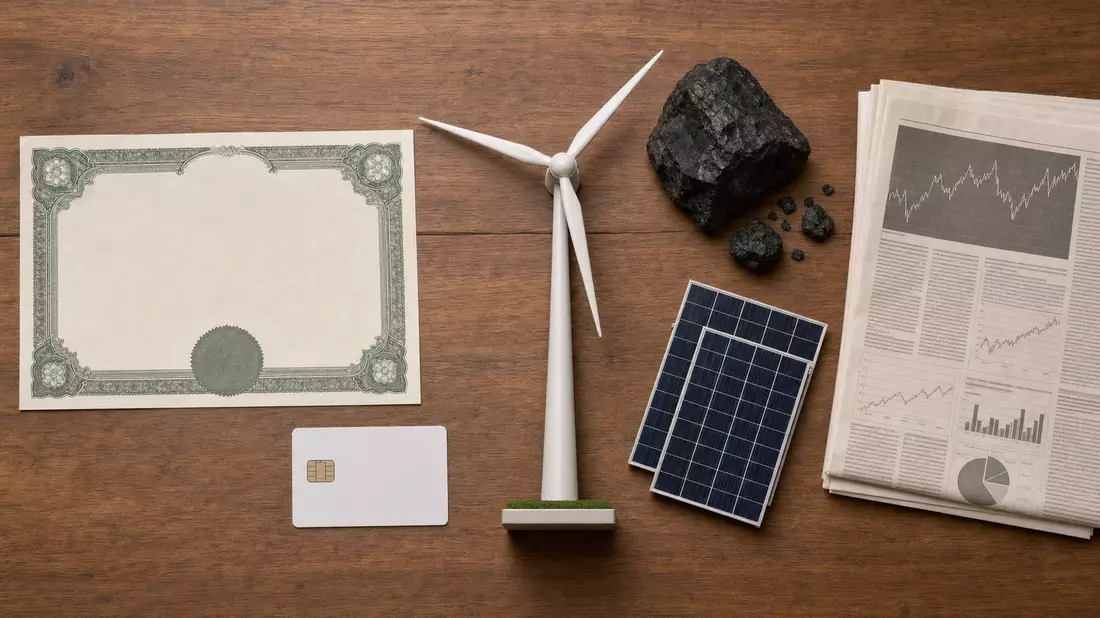Flatlay mit Solarzelle, Werkzeugen, Schutzhelm und Energiebauplan auf Holztisch.