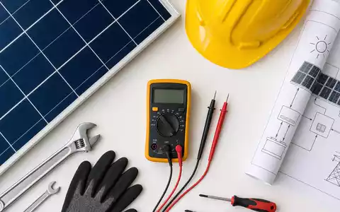 RWE AG (DE0007037129) Flatlay mit Solarzelle, Werkzeugen, Schutzhelm und Energiebauplan auf Holztisch - Foto: THN