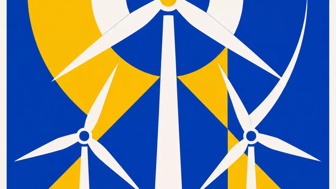 Bauhaus-Poster mit stilisierten Windrad-Rotoren in Blau, Gelb und Weiß