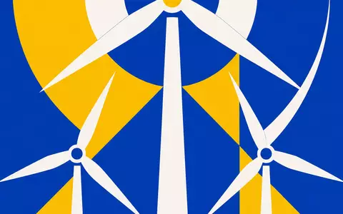 RWE AG (DE0007037129) Bauhaus-Poster mit stilisierten Windrad-Rotoren in Blau, Gelb und Weiß - Foto: THN