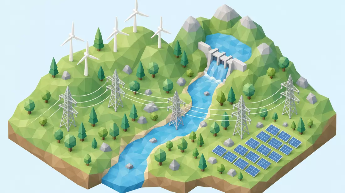 Isometrisches 3D-Diorama mit Windrädern und Stromtrasse im Low-Poly-Stil