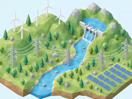 RWE AG (DE0007037129) isometrisches 3D-Diorama mit Windrädern, Stromtrasse und Solarfeld im modernen Low-Poly-Stil - Foto: THN